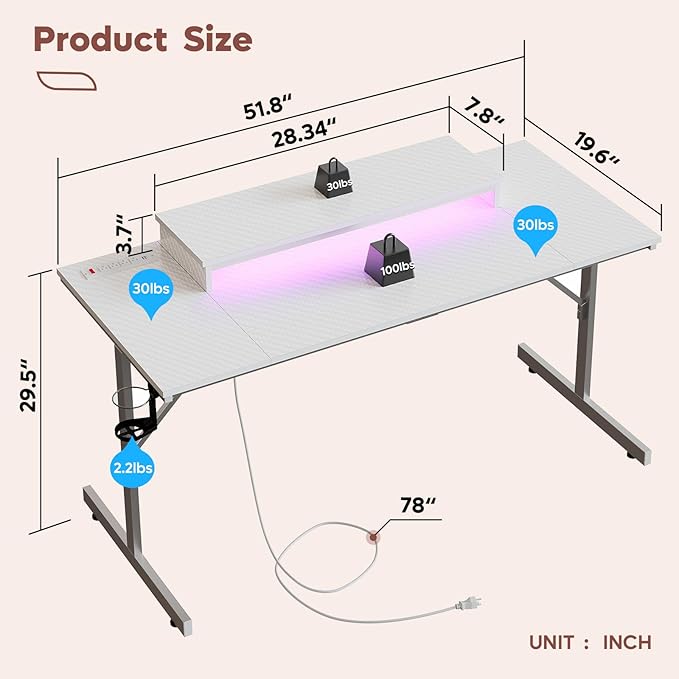 Gaming computer desk is equippedin charging station, including 4 AC Outlets, 2 USB port, 1 power switch, accompanied by a 6.5ft long power supply cord with cable management - Image 2